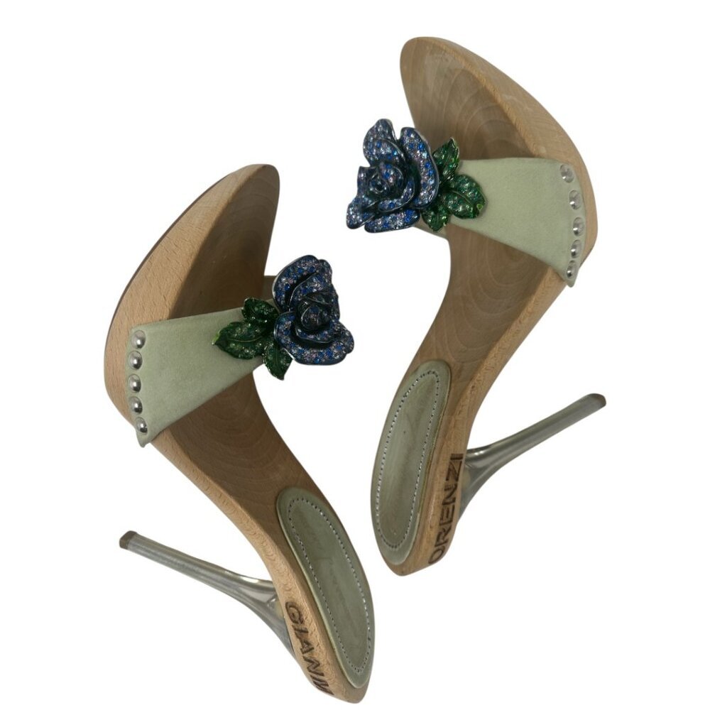 Rare Gianmarco Lorenzi Crystal Flower Wooden Platform Mules 36 / 6